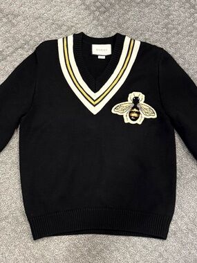 Gucci Black V-Neck Sweater with Bee Patch and Cream-Yellow Trim